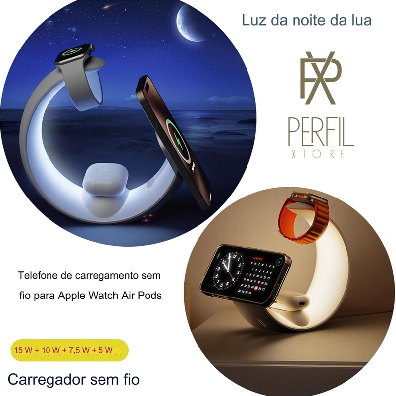 Carregador sem fio para iPhone e Samsung, MagSafe Air Pods, Apple Watch, suporte do telefone, lua, luz noturna, quarto, casa, escritório