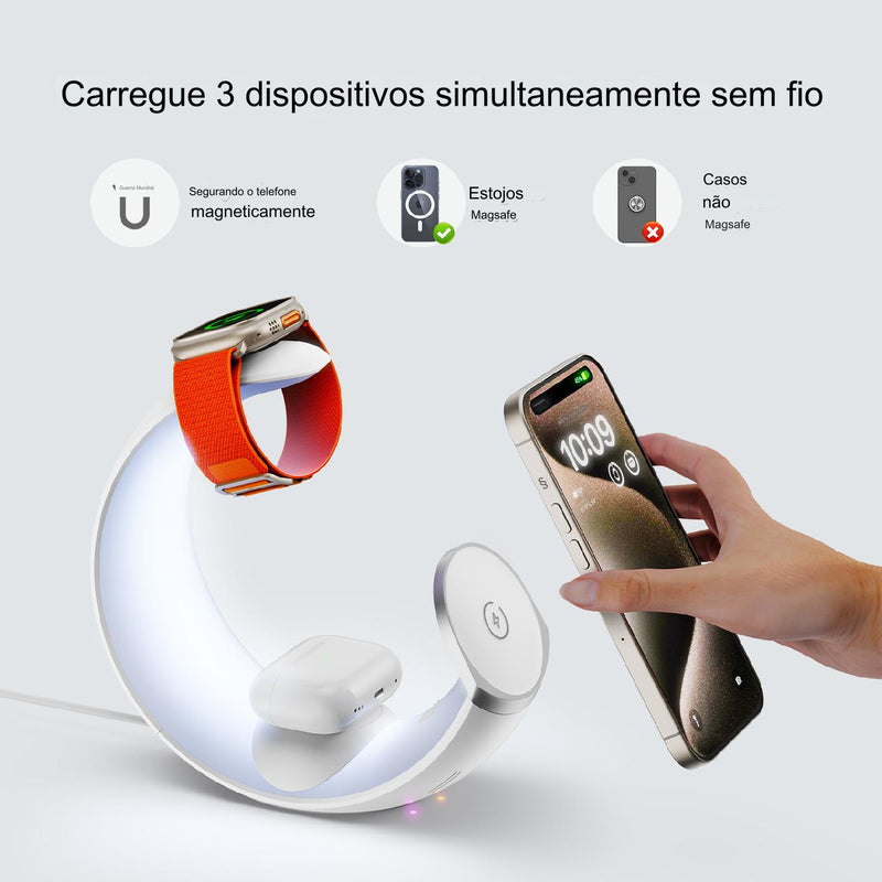 Carregador sem fio para iPhone e Samsung, MagSafe Air Pods, Apple Watch, suporte do telefone, lua, luz noturna, quarto, casa, escritório