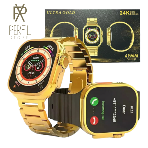 Smartwatch Ultra Gold 24K Com NFC 2 Pulseiras