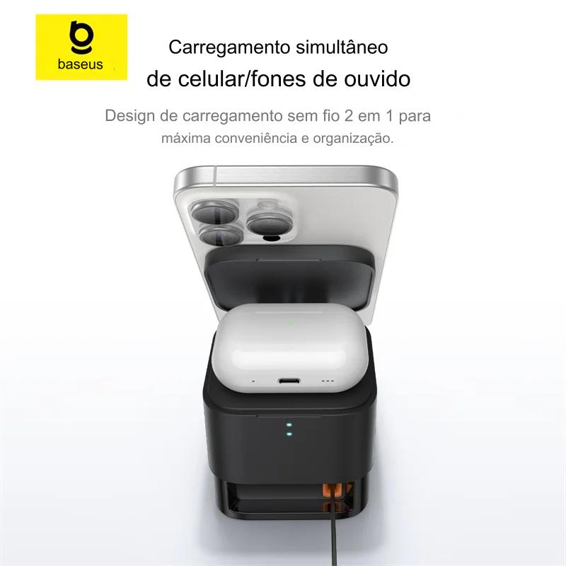 Suporte magnético sem fio, carregamento rápido 2 em 1, Dock Station Baseus, cabo retrátil para iPhone 15, 14, Airpod, 15W, 25W