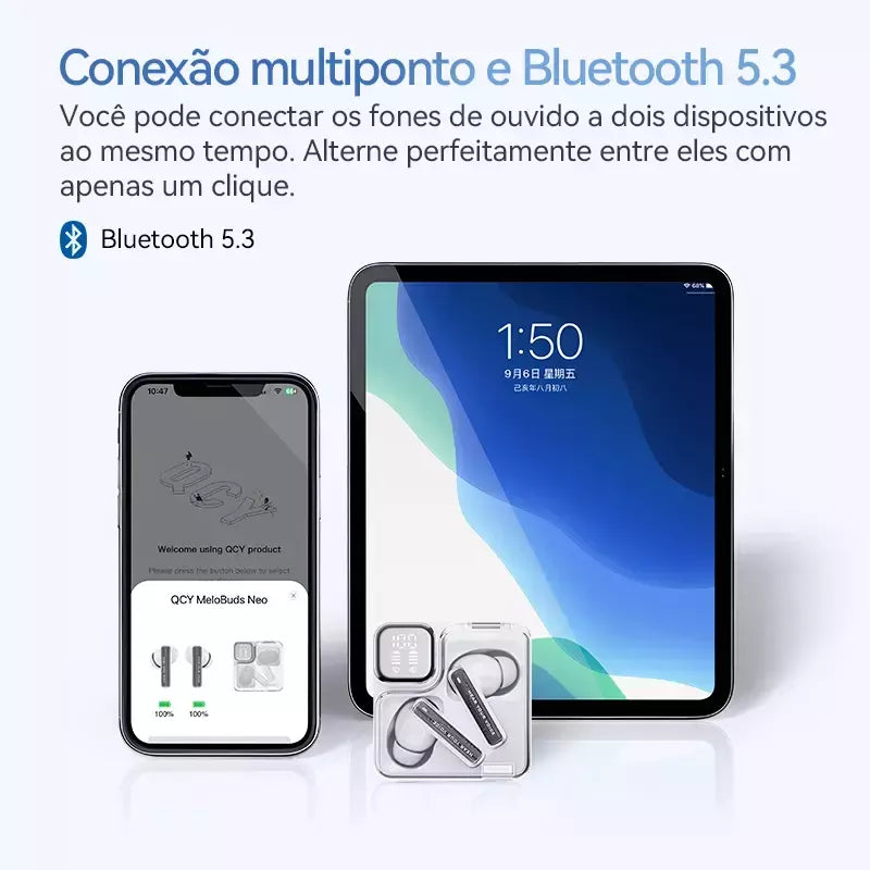 QCY-MeloBuds Neo Fones De Ouvido, Bluetooth 5.3, Display Digital LED